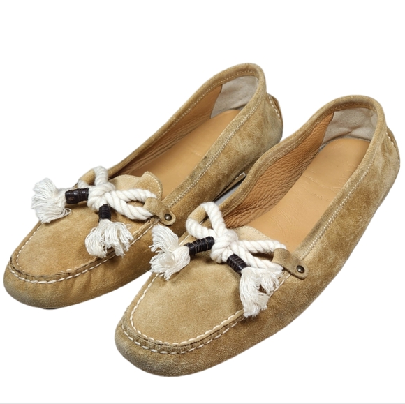 J Crew Loafers Flats Moccasin Suede Leather Bow Tassel Italian Tan Natural 10 - Picture 2 of 15